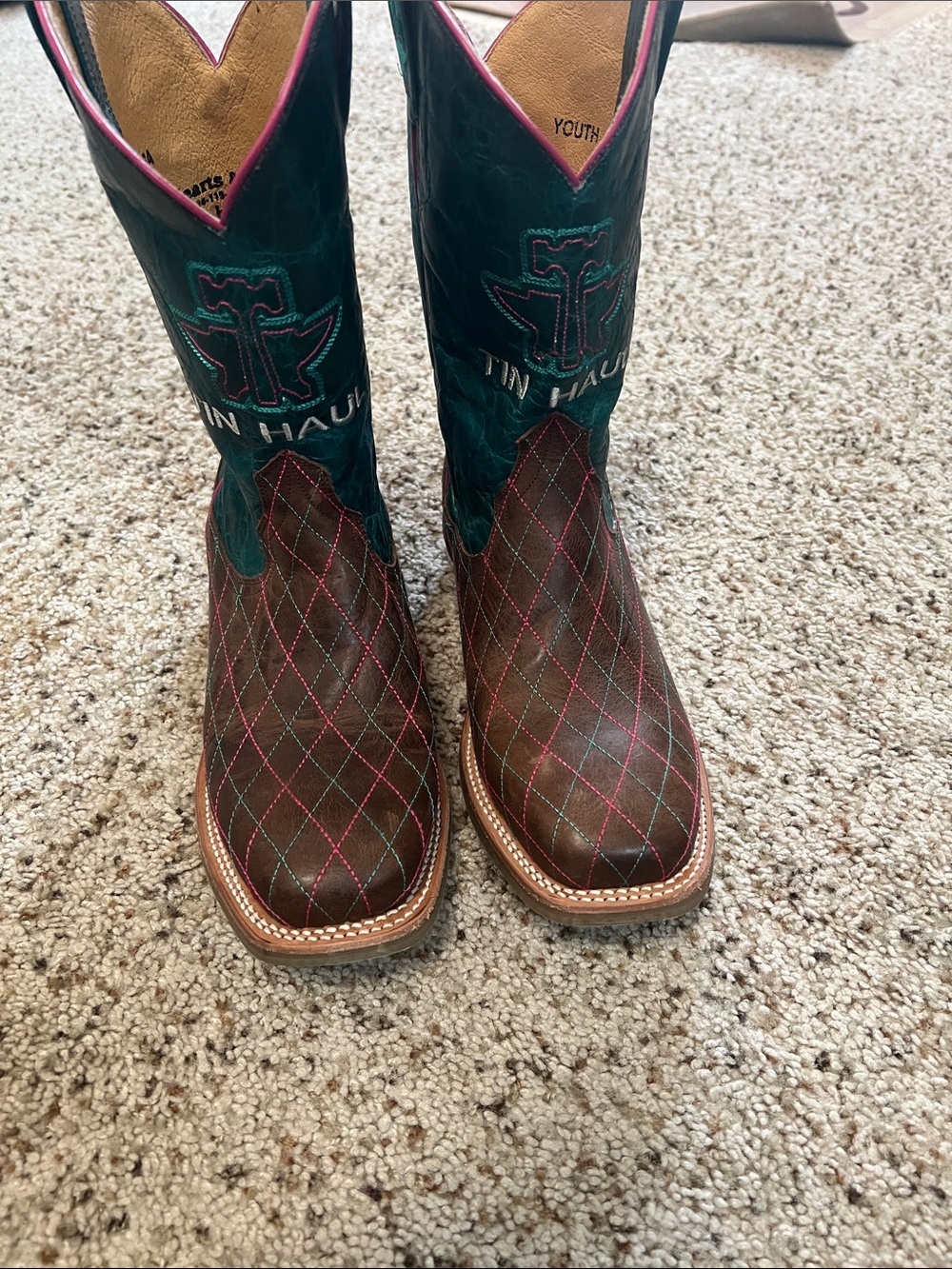 Tin Haul Brown & Teal Youth Western Boots with Pink Accents